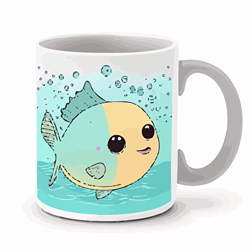 create a design for an 11oz coffee mug,horizontal, Kawaii style cute Pompano fish swimming in a reef, cartoon style, vector contour, pastel colors, white background