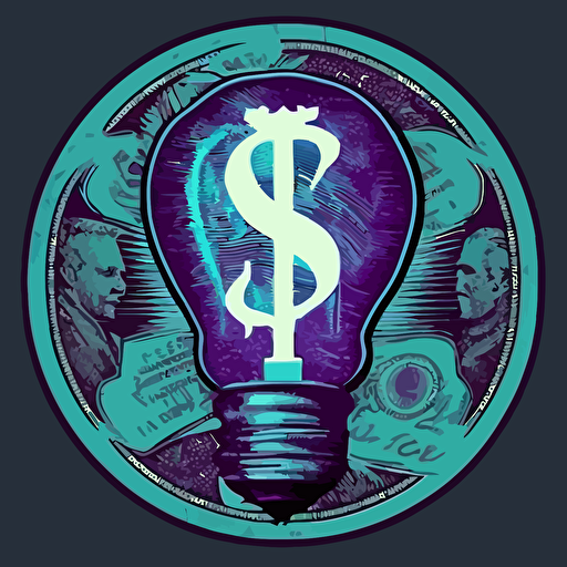 vector art style, the dollar sign like this "$" inside a lightbulb, giving off incandescent light, use blues and purples, in the style of Michael Parks, sticker