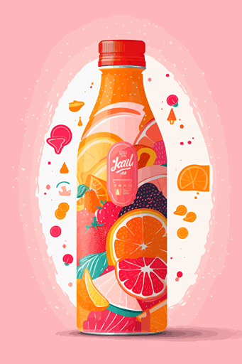 a colorful 2D vector label , flavor strawberry-orange-marshmallow soda, targeting teenagers, illustrations of Orange and strawberry, abstract and colorful shapes. Incorporate bubbles desing to emphasize the drink's bubbly texture.