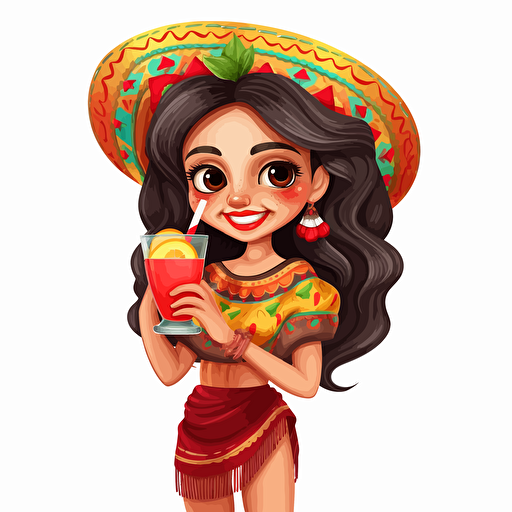 a girl in a mexican clothes holding a cocketail in white background illustration, vector