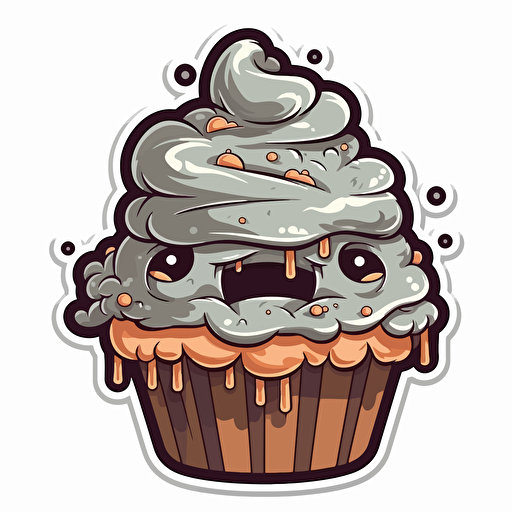 cute cartoon cupcake sticker, vector illustration, in the style of light gray and brown, aggressive digital illustration, fluid form, cloudpunk, tupinipunk, logo, high resolution
