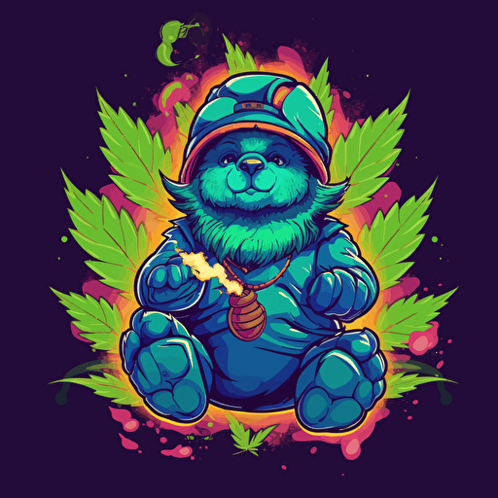 2d Minimalist logo design of a futuristic warrior bear smoking marijuana :: marijuana leafs and various candies, splash color, vector art