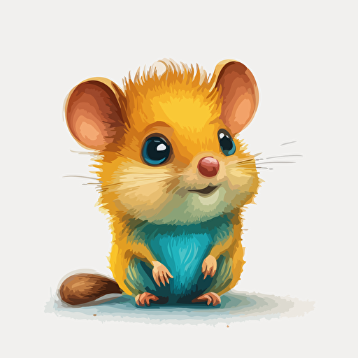 A gorgeous yellow and blue baby fur rat, smiling, white background, vector art , pixar style