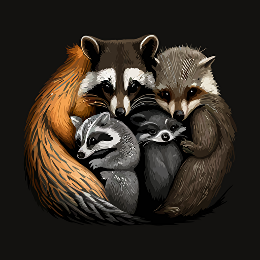 a racoon, fox, squirell and a possum hugging vector black background