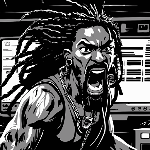 Closeup, looking at camera, 2D style, vector illustration, detailed black and white story board, of very attractive black male with long dreadlocks, goatee, mustache, screaming at his computer