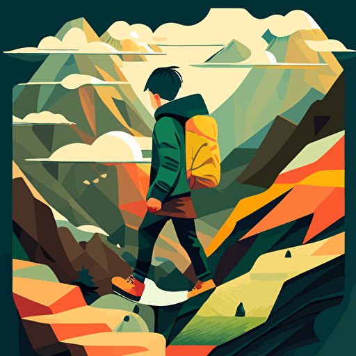 vivid flat vector art of a boy on a journey in the mountains