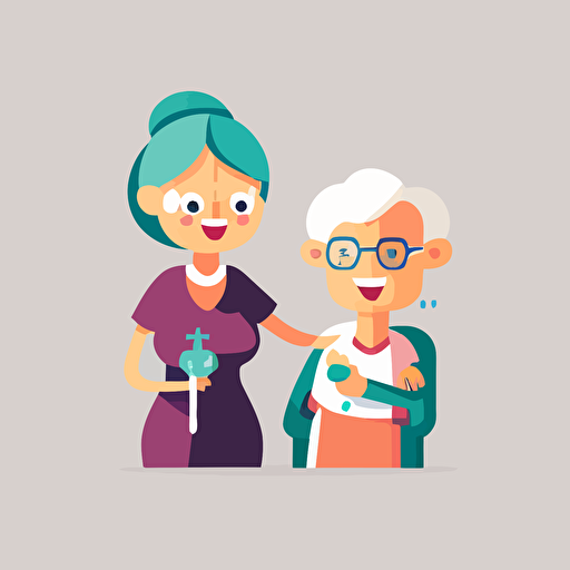 granny getting needle in arm by a doctor, smiling, 2d, flat vector illustration, white background