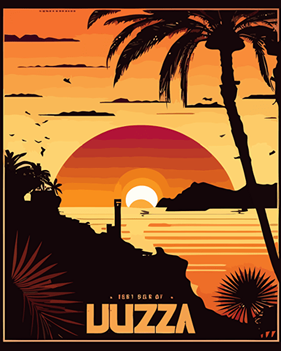 vector image of a stylization of IBIZA sunset in a poster style ultra high definition