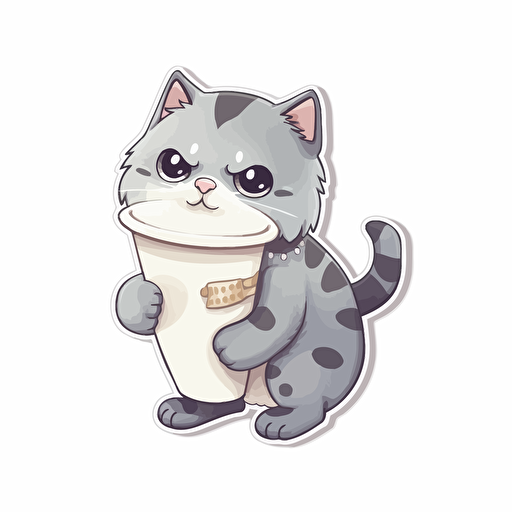 cat holding a cup of coffee, cute, illustration, vector, die cast sticker, white background