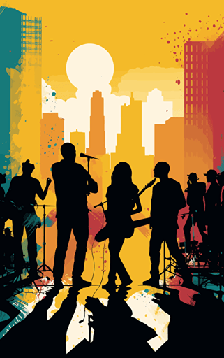 simple vector design using bright primary colours of a band performing on the big stage in the city, sunny bright day