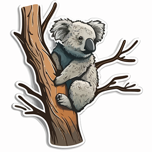 sticker of a koala hanging from a tree detailed illustration, acrylic paint style, unreal engine, vector, white background contour