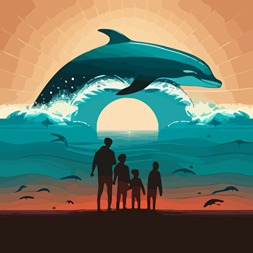 A family standing on a beach looking at a gentle ocean with dolphin surfing waves, sunrise, white, turquoise, vector style, beautiful