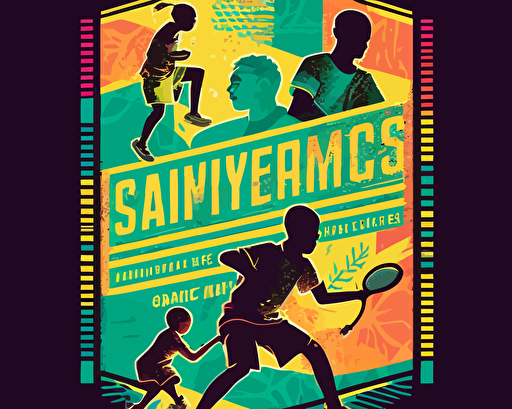 this summer sports camp vector illustration features silhouettes of children playing sports, in the style of light blue and magenta, kehinde wiley, dark yellow and light green, superimposed text, tim holtz, dark orange and white, sparklecore