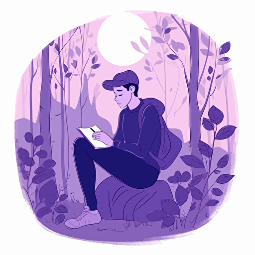 a young man writing into his journal, sitting in a forest. Artsy flat vector illustration, light purples