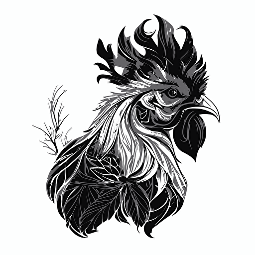 glamorous close up rooster in style of Gabriel Schama, flamboyant, black and white, flat, vector, line drawling, white background ar 1:1