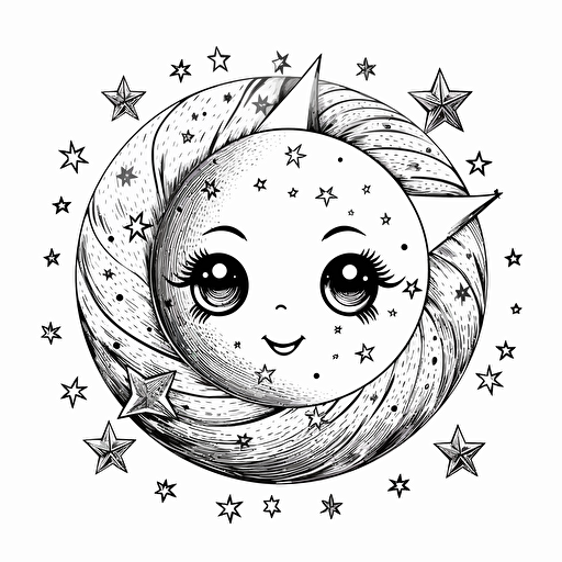 kawaii vector moon phase design with stars line drawing super detailed on white background