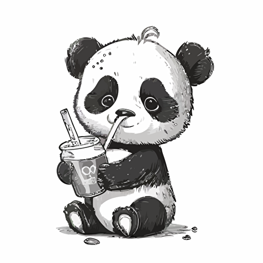 black and white cartoon illustration of a cute panda holding a drink in both hands, sipping out the straw, happy expression, vector,