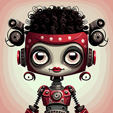 Hi-quality, vector-based image of the robot caricature cartoon that has prominent long dark thick false eyelashes, adorable freckles, and huge, luscious lips