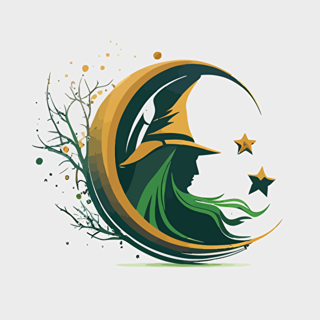 a stylish vector logo with a moon and a wizard hat, golden and green