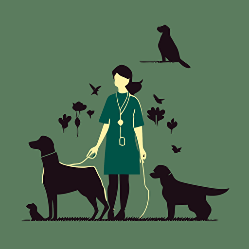 a siluethe of a female veterinary with dogs playing around her, vectorized, minimalist
