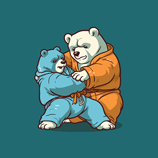 Bear wrestling another bear. First Bear holding Second Bear's leg between First Bear's two legs taking Second bear, wearing jiu jitsu clothes, vector animation illustration, 4 colors limit, solid background, high resolution