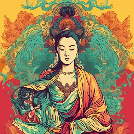vector illustration of Quan Yin, in vivid colors