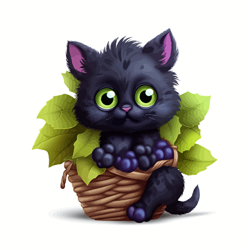 a cute cartoon black cat in a grape bunch costume in the style of anne geddes, vector art, adorable, white background