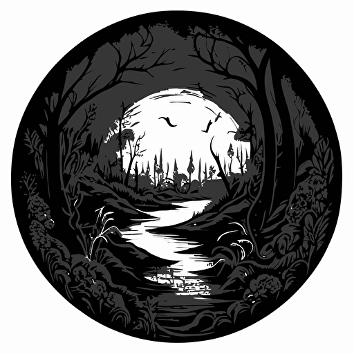 black and white drawing of a fantastical, dark, occult swamp, 700mm diameter circular image with black outer border, vector