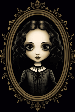 goth girl that looks like a creepy doll brought to life. Think black button eyes, porcelain skin, and a lace collar. The image should feel both eerie and adorable, digital illustration,vector design,logo design, diamond shaped frame