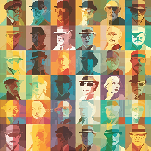 mosaic of sophisticated people with different styles and personalities in 9 squares evenly distributed, vectorial illustration, colorful, hd