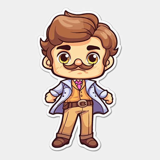 Sticker, Happy Colorful detective, brown hair, hazel eyes, short stubbled beard and mustache, kawaii, contour, vector, white background