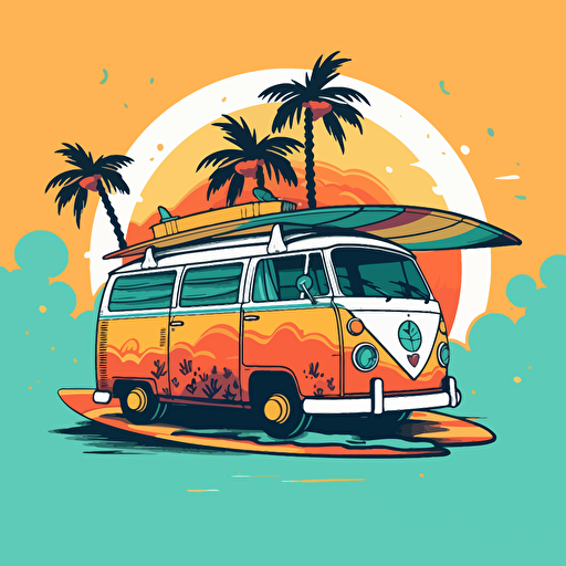 vector style flat surf van on a beach with surf boards on it, colorful