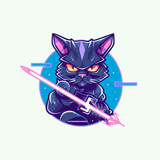 creative logo design, flat 2d vector logo of a futuristic anthromoporphic space traveling battle warrior cat wearing sci-fi suit with lightsaber, muted purple and blue colors, 80s, star-wars-inspired