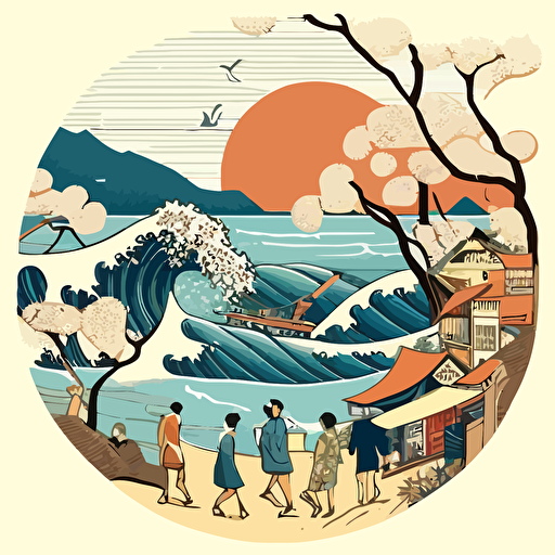 Influenced by Hokusai's "The Great Wave off Kanagawa," design a vector illustration of a coastal village with people enjoying a sunny day at the beach, with a stylized wave approaching the shore in the background.