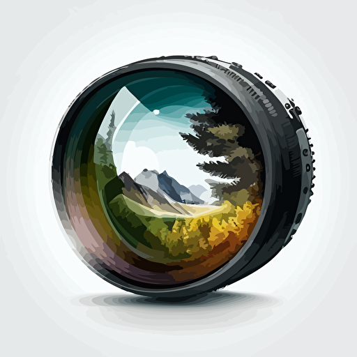 Vector illustration of a lens, scenary inside the lens, no shadow, nothing outside, white background, super clean logo