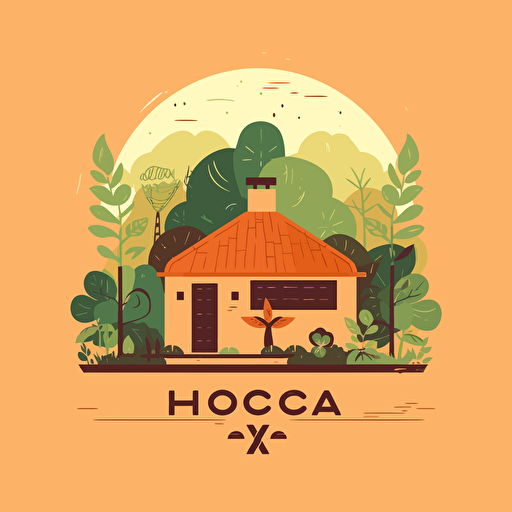 Flat vector logo for eco-friendly Mexican fast-food restaurant La Choza, featuring hut silhouette, earthy colors, sustainable symbols