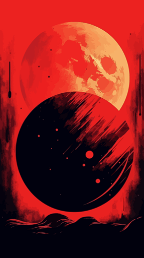 a red and black planet in space, vivid, multiple moons, flat vector illustration