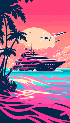 luxury motor yacht small in the background on see, waves, islands, palms, pink and light blue hues, flat abstract minimalistic vector style, vibrant neon colors, pink, light blue