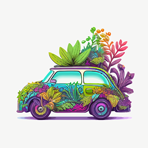 a picture of the side of a cute doodle car which is stuffed with colorful houseplants which are coming out of top and sides, vector drawing, highly detailed on a white background