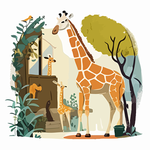 panoramic shot, giraffe in zoo, majestic, children's book disney style, flat colors, 2d, vector, white background