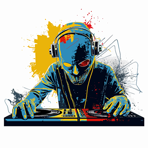 scratch dj with neon mask, 2 technics 1210 turntables and a battle mixer, frank miller stencil, design, 2d, vector, white wall