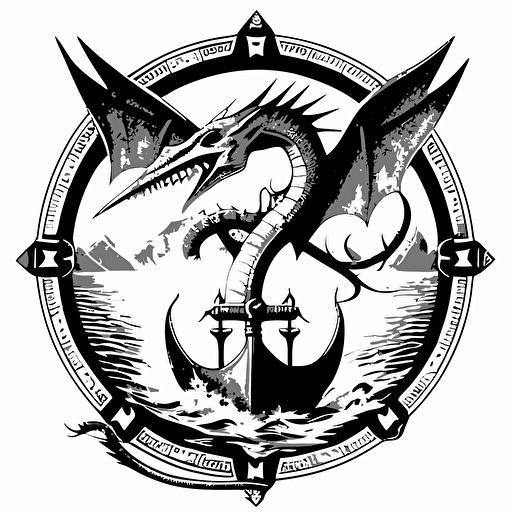 black and white vector drawing of a pterodactyl holding an anchor, logo, circular
