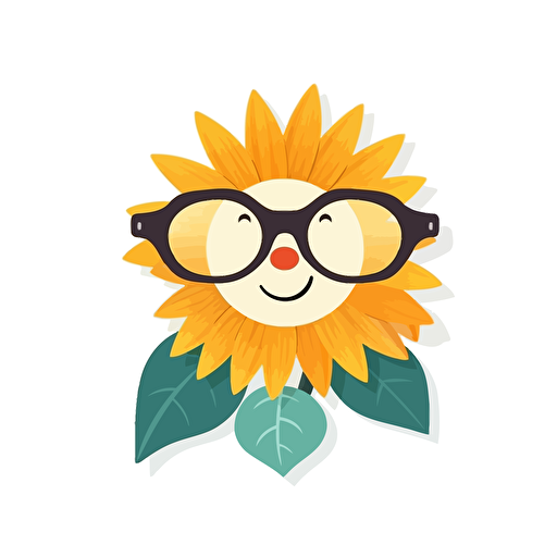 A cheerful sunflower with hipster glasses, a playful and friendly logo design with a minimalist approach, white background to enhance the vibrant colors of the sunflower, Illustration, vector art,