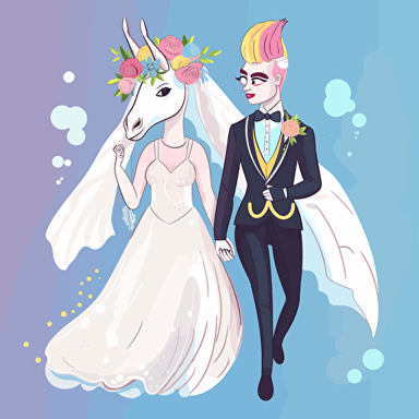 Vector art of a girl unicorn dressed as a bride and a boy unicorn dressed as a groom, in the style of Britta Teckentrup illustrations