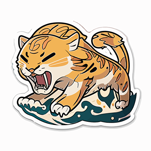 die-cut sticker, cute kawaii golden saber tooth tiger sticker, white background, illustration minimalism, vector, oceanic tones.