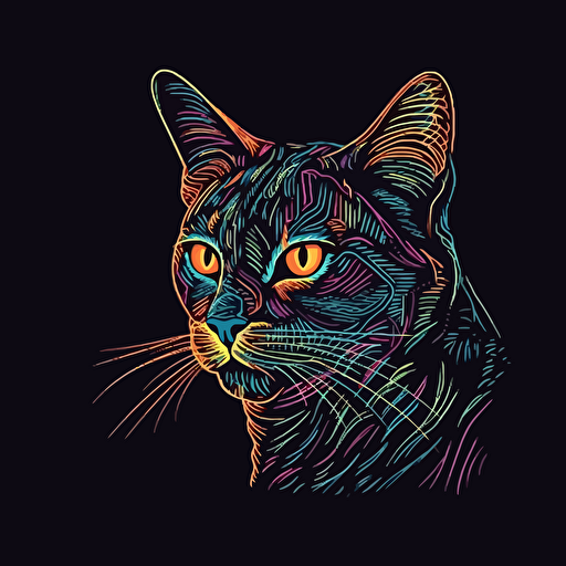 vector, neon cat, retro, black background