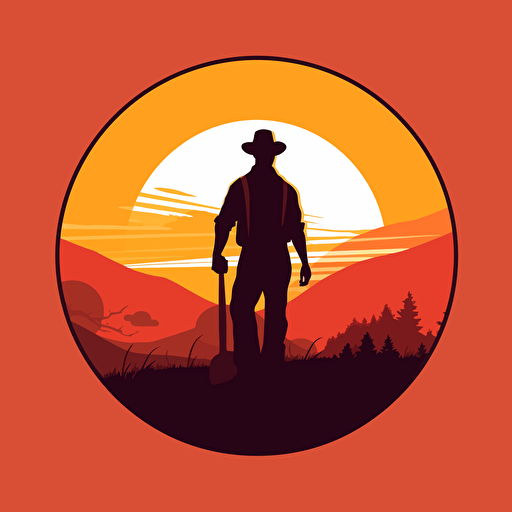 simple vector art of sun, silhouette of farmer holding axe, support local farmer.