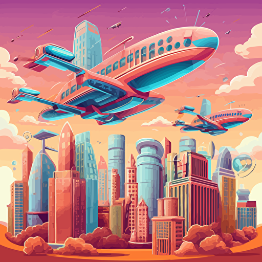 a vector art of planes flying above a futuristic city. Utopian, bright, happy