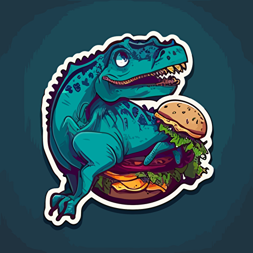 blue dinosaur and burger:sticker,illustration ,vector ,cartoon style
