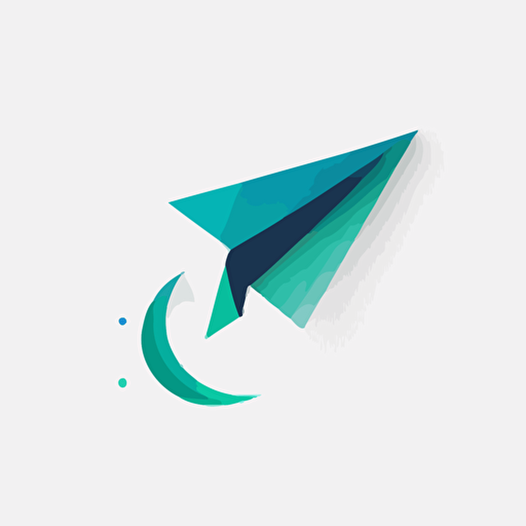 a minimalist, vector-style logo featuring a paper airplane emerging from a half-circle. Use a white background and blue-green colors.